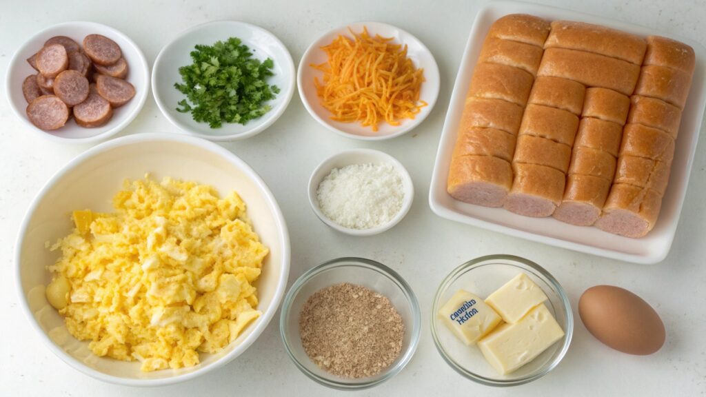 Ingredients for breakfast sliders laid out, including Hawaiian rolls, sausage, eggs, and cheese