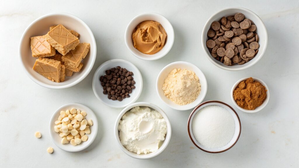 Flat lay of ingredients for No-Bake Peanut Butter Cheesecake Balls.