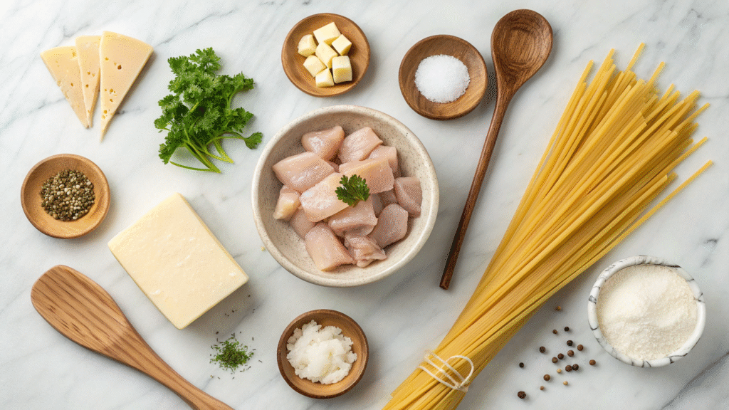 Flat lay of fresh labeled ingredients for garlic chicken and creamy pasta.