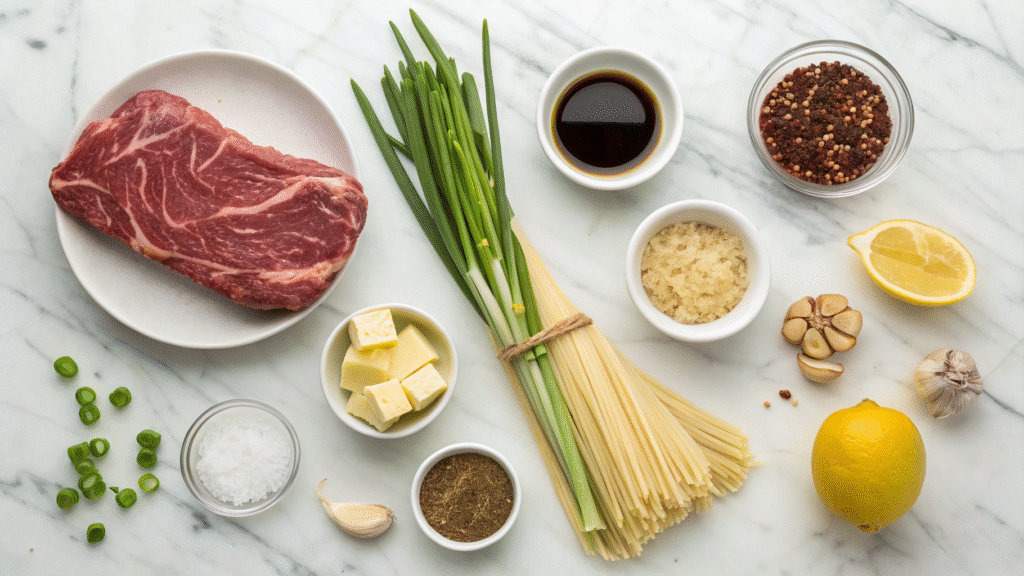 Flat lay of fresh ingredients for garlic butter steak noodles including garlic and steak.