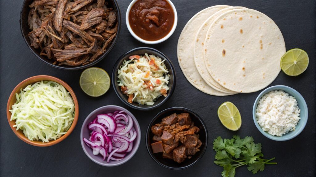Flat lay of ingredients for making Barbecue Tacos.
