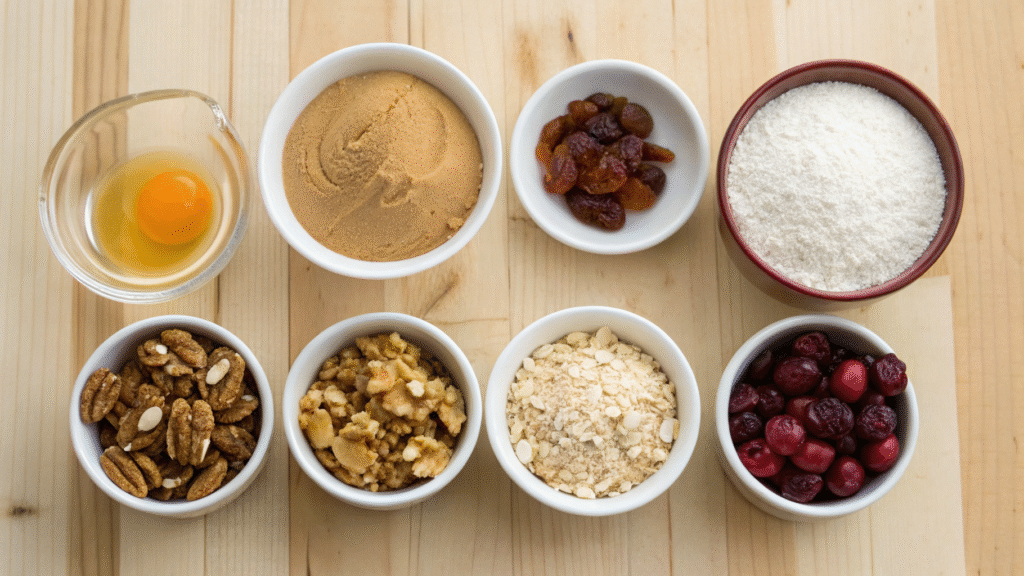 Ingredients like almond flour, oats, honey, and nuts laid out in bowls on a wooden surface.