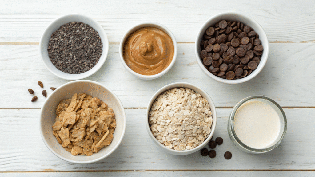 Ingredients for cookie dough overnight oats in bowls including oats, nut butter, maple syrup, and chocolate chips.