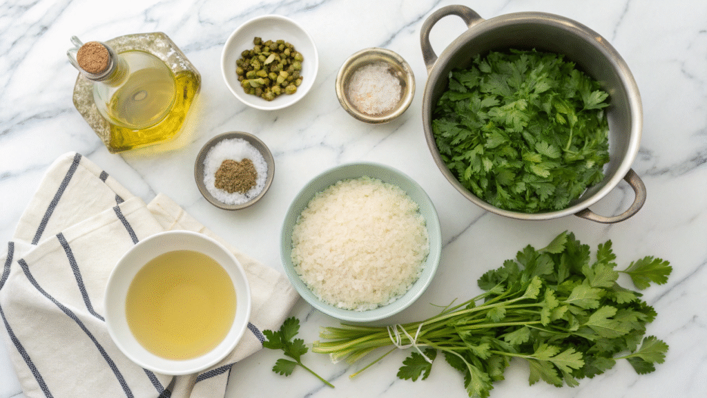 Ingredients for Minute Jasmine Rice including rice pack, herbs, olive oil, and salt.