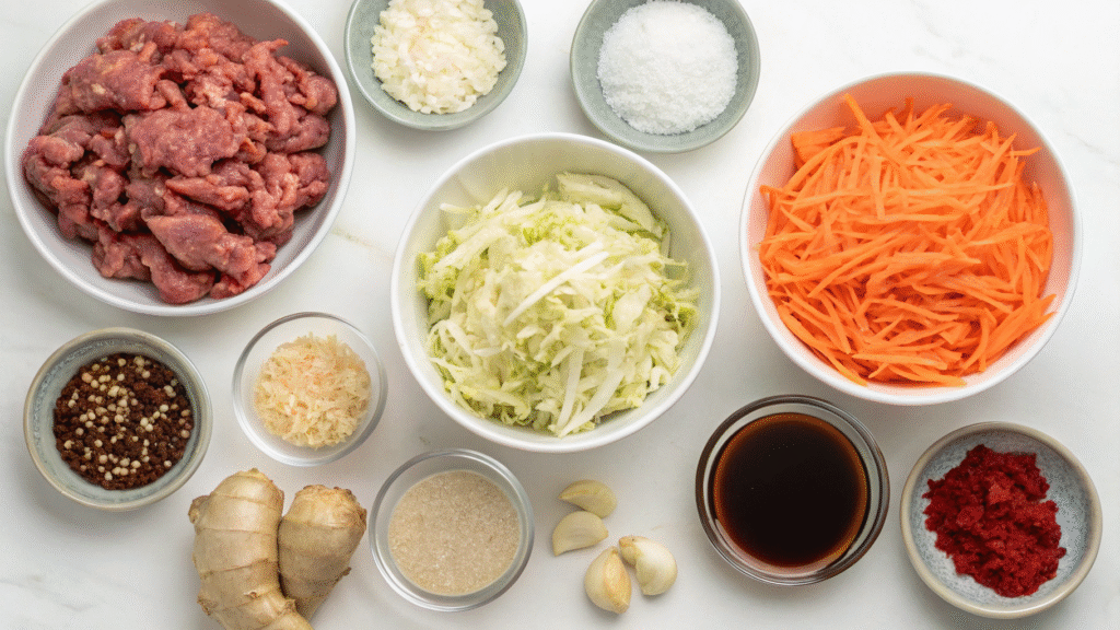 Flat lay of ground beef, cabbage, carrots, garlic, ginger, and sauces arranged neatly on a kitchen surface.