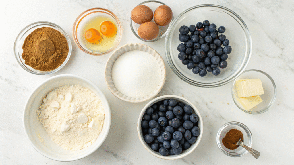 Flat lay of ingredients for blueberry buckle including fresh blueberries and sugar.