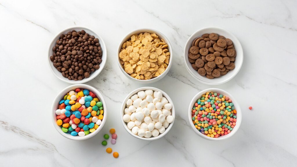 Flat lay of chocolate mix candy ingredients in bowls on a white surface.