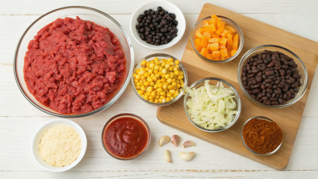 Flat lay of ingredients including ground beef, vegetables, beans, cheese, and spices for cowboy casserole.