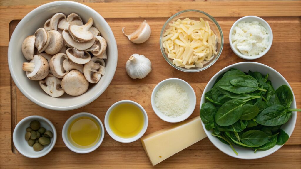 Flat lay of pasta shells, mushrooms, cheeses, garlic, and seasonings for the stuffed shells recipe.