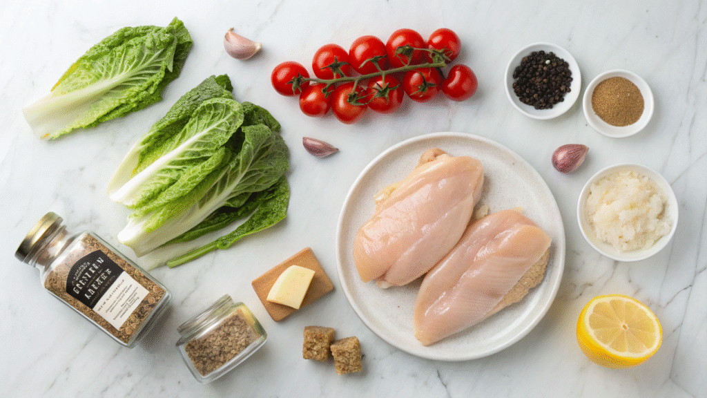 Flat lay of salad ingredients including chicken, lettuce, Parmesan, tomatoes, and Caesar dressing.