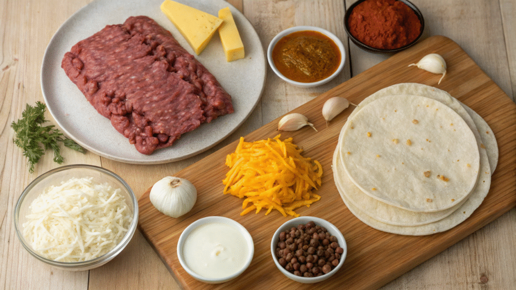 Flat lay of beef, tortillas, cheese, beans, spices, onion, and oil used for chimichangas.