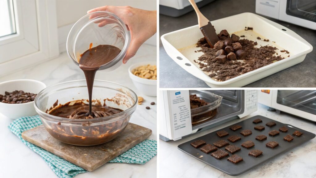 Step-by-step visuals of making chocolate mix candy from melt to chill.
