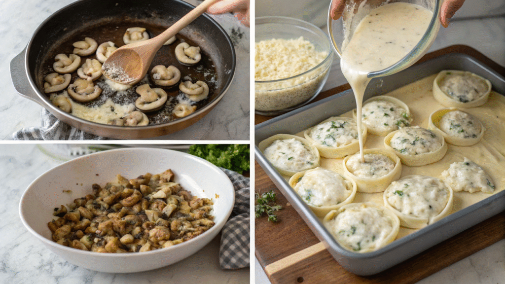 A step-by-step collage showing the process of making mushroom stuffed pasta shells.
