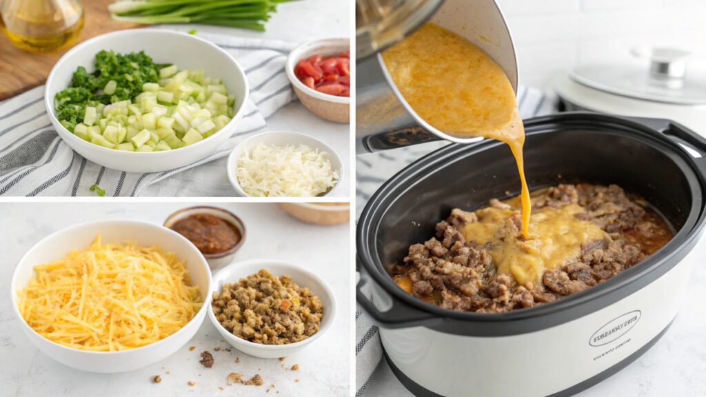 Step-by-step visuals for making Chicken Hashbrown Casserole in the crockpot.