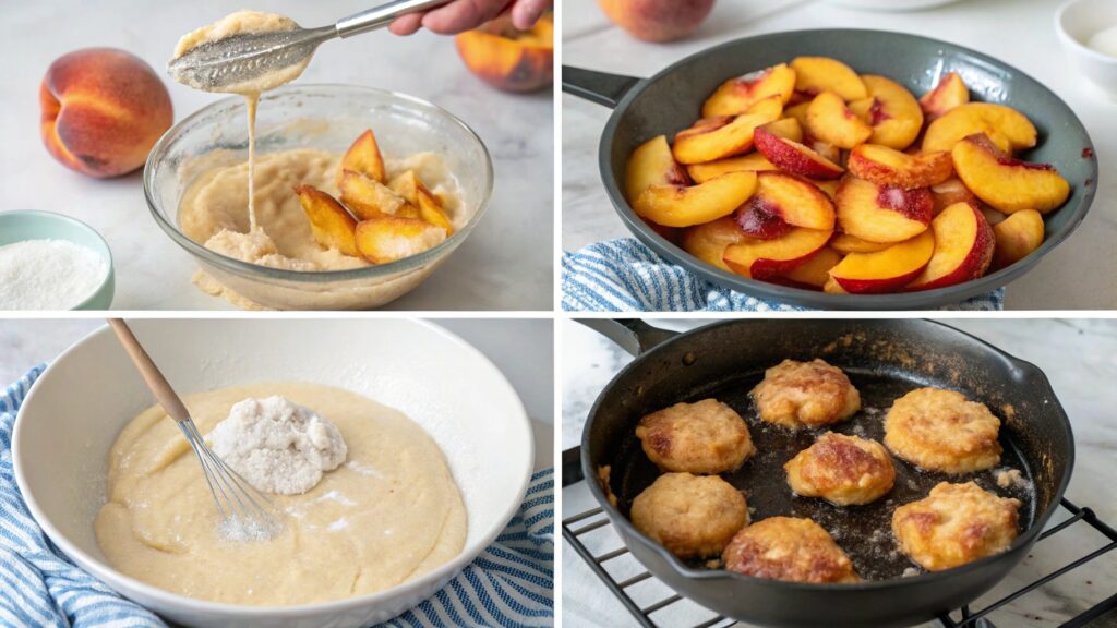 Step-by-step images of preparing and frying Fresh Peach Fritters.