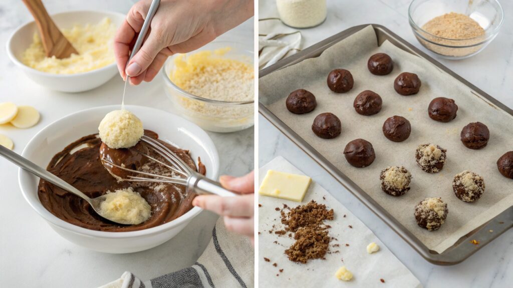 Step-by-step process of making No-Bake Peanut Butter Cheesecake Balls.