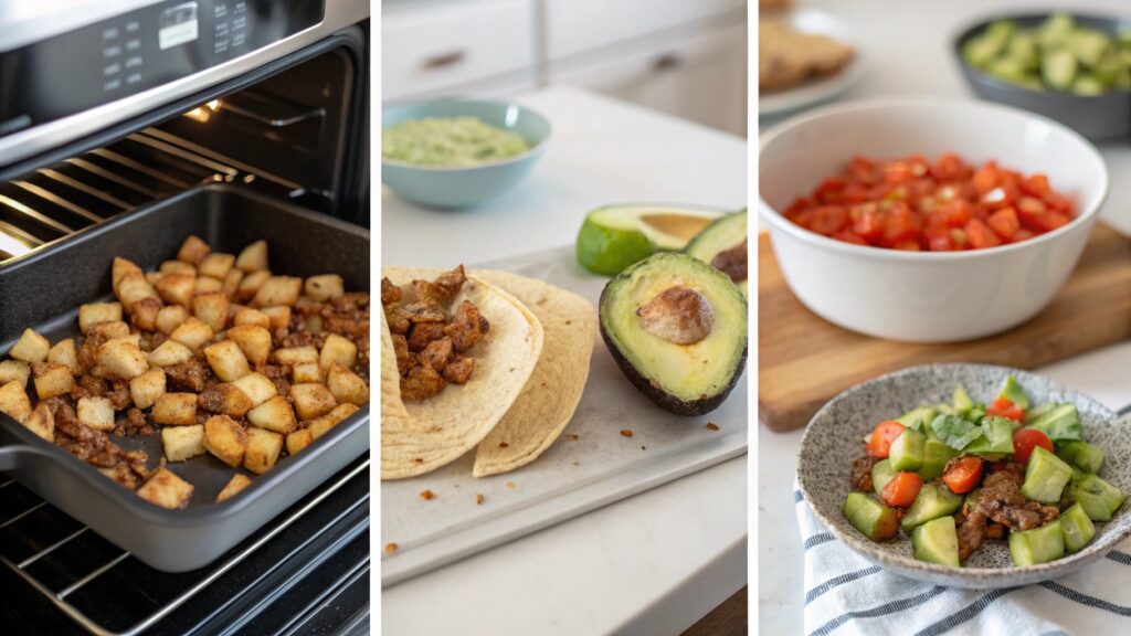 Step-by-step preparation of a Potato Taco Bowl from roasting to assembling.