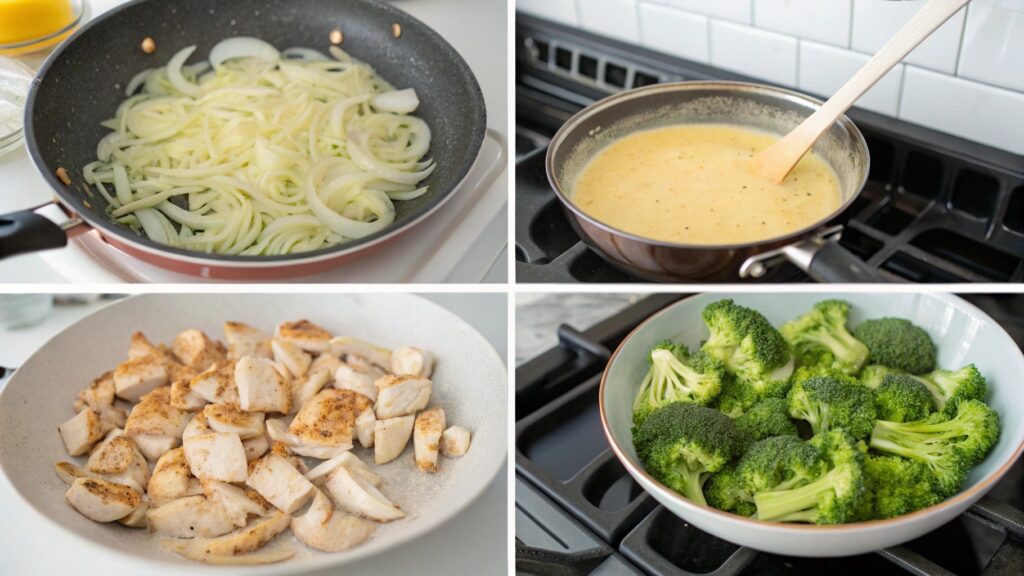Step-by-step cooking process of Cheesy Chicken with Broccoli and Rice.
