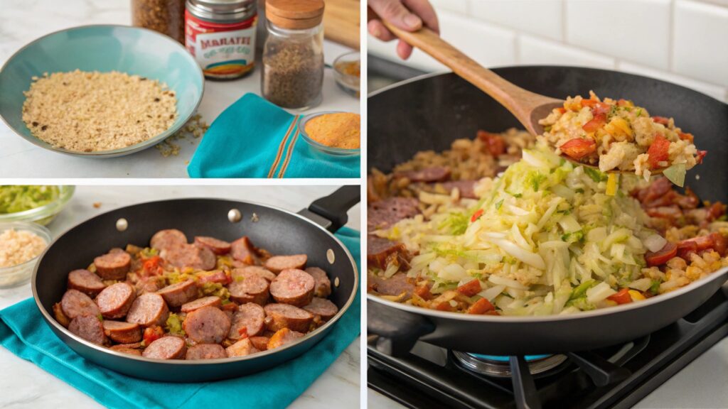 Step-by-step images of cooking Cajun Cabbage Jambalaya.