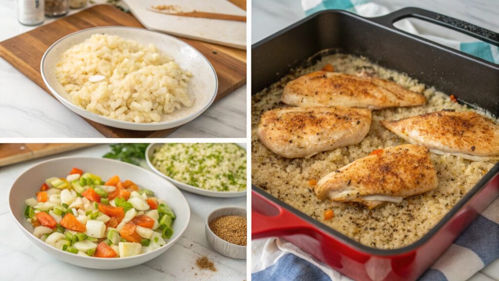 Step-by-step cooking process for One-Pan Chicken and Rice Bake.