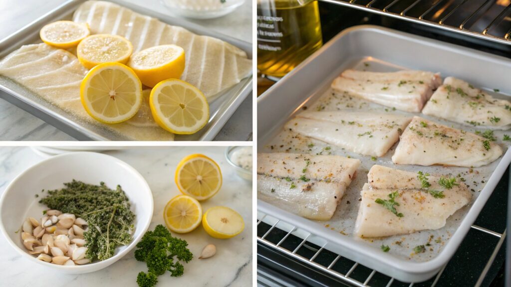 Step-by-step images showing how to prepare and bake cod with lemon and garlic.