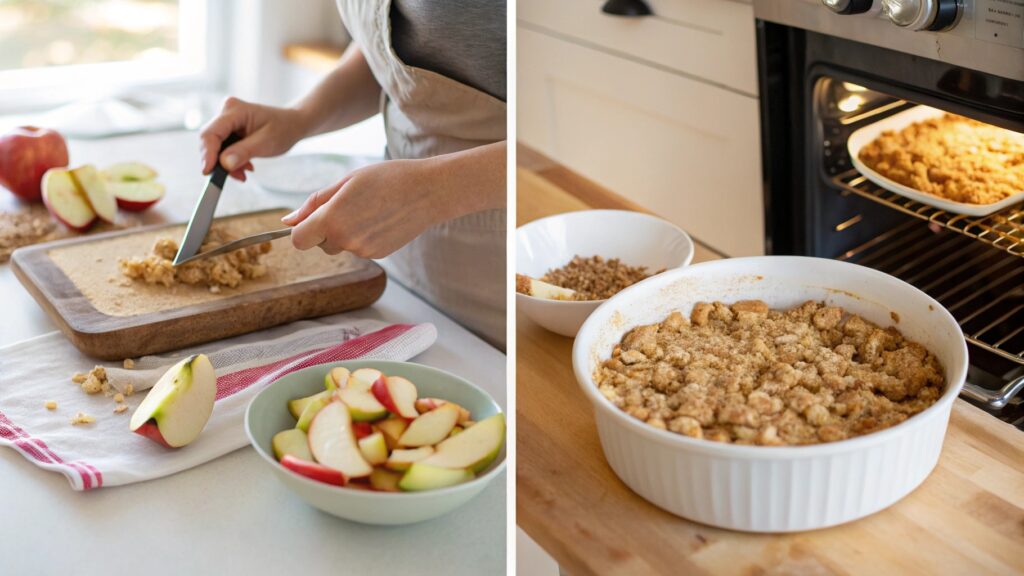 Step-by-step process for preparing Old Fashioned Apple Crisp.