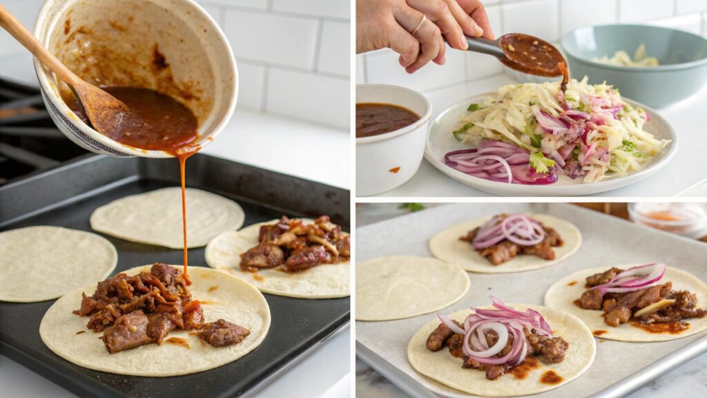 Step-by-step visuals of preparing and assembling Barbecue Tacos.