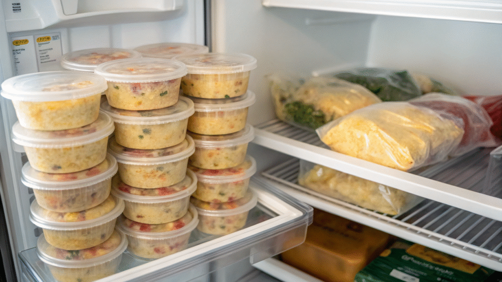 Spinach egg muffins stored in containers in a fridge and freezer, labeled for reheating.