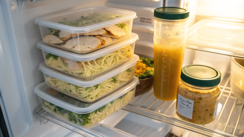 Leftover chicken and noodles stored in containers inside the fridge and freezer.