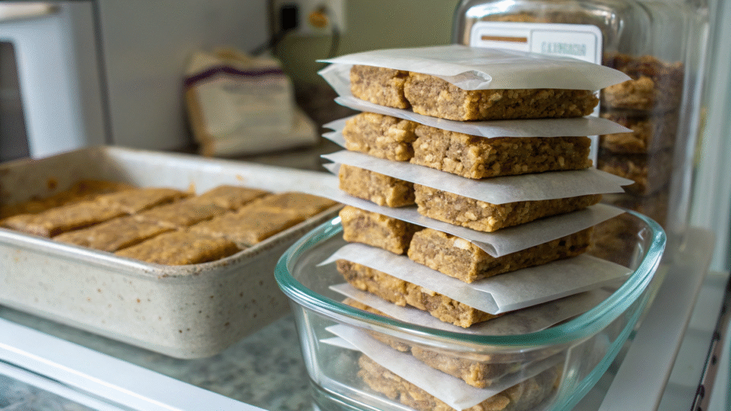 Stacked banana oatmeal bars in a glass container with parchment-wrapped pieces and a labeled freezer bag.