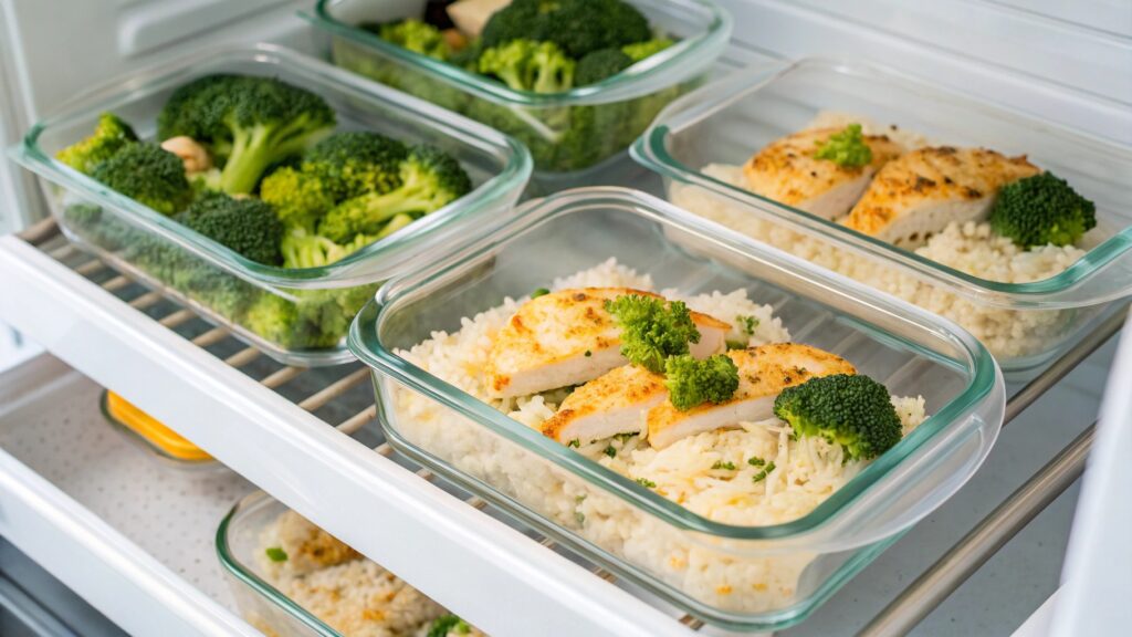 Stored Cheesy Chicken with Broccoli and Rice in labeled containers inside a fridge.