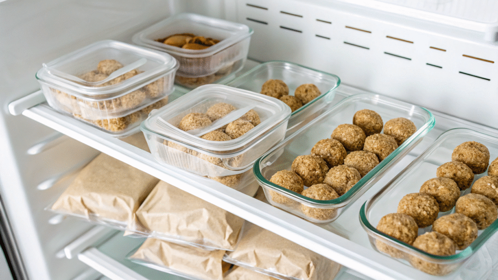 Oat peanut butter balls stored in containers and freezer bags with labeled dates.