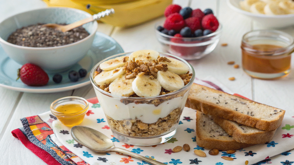 Peanut butter granola served over yogurt with banana slices, honey, and chia seeds.