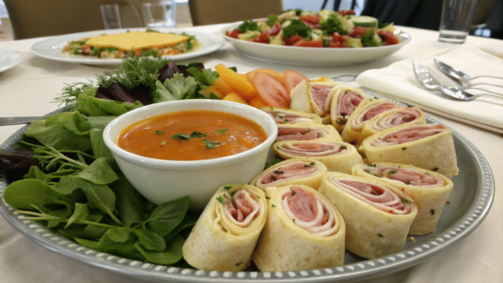 Baked rolls on a platter with salad, soup, and mustard dip on a dining table.