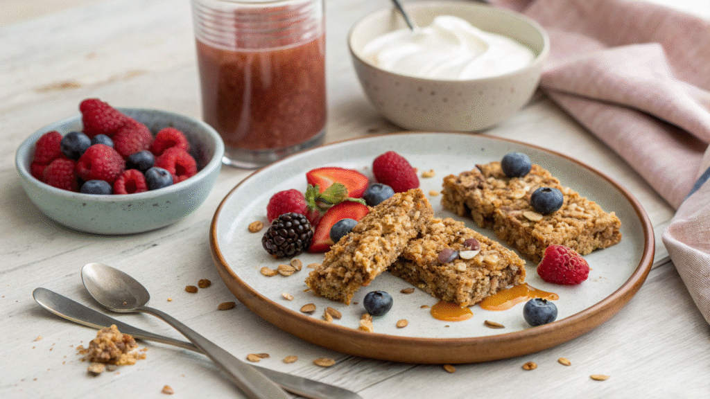 Cereal bars served with Greek yogurt, berries, and maple syrup on a breakfast plate.