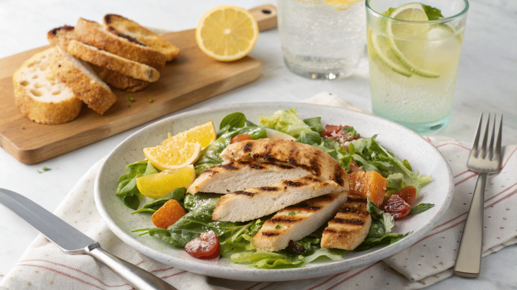 Hello Fresh chicken dish served with salad, bread, and sparkling water on a bright table.