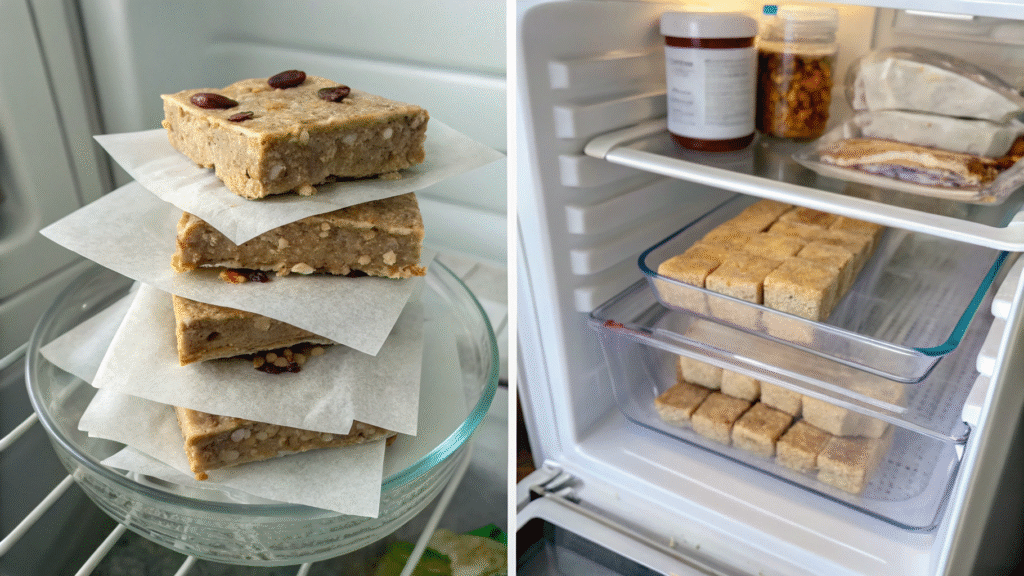 Protein bars wrapped and stored in a labeled container inside a fridge or freezer.