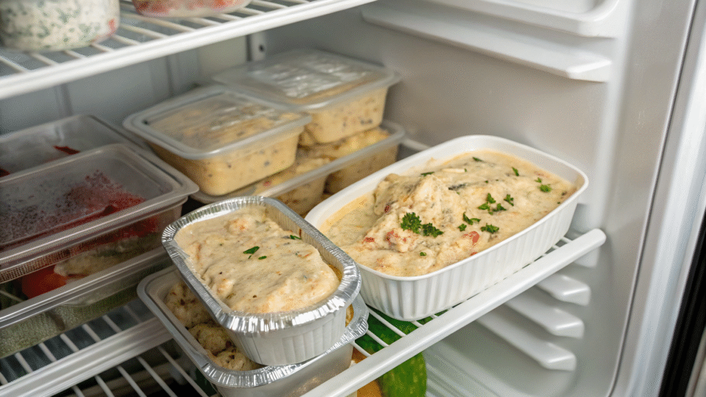Leftover parmesan chicken in containers and foil, stored neatly in fridge.