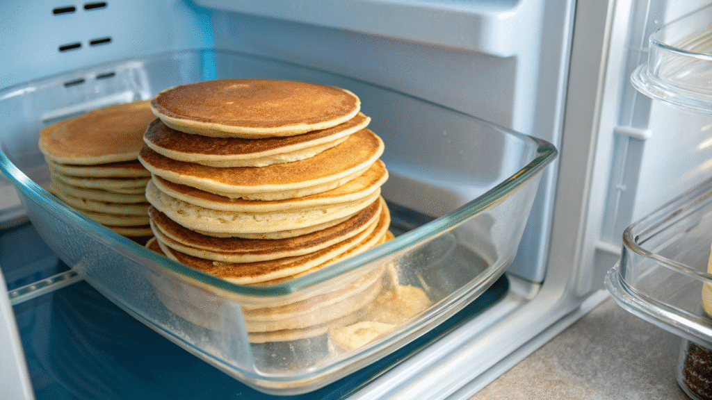 Stored mashed potato pancakes in fridge and freezer containers with labels and oven for reheating.