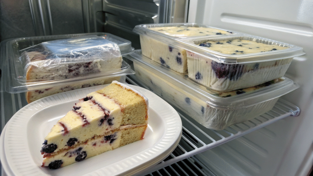 Blueberry cake slices in airtight containers with labels inside a refrigerator.