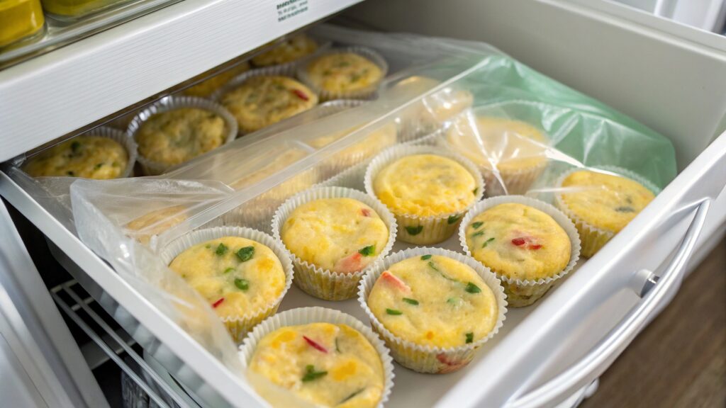 Wrapped cottage cheese egg muffins stored in freezer-safe bags in fridge drawer