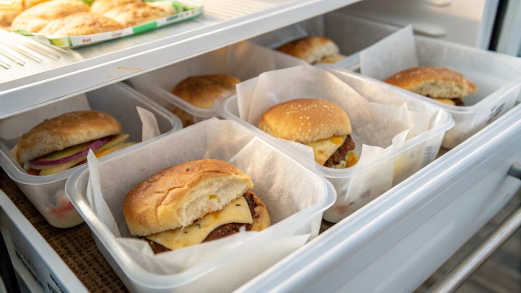 Breakfast sliders stored in containers and reheated in the oven