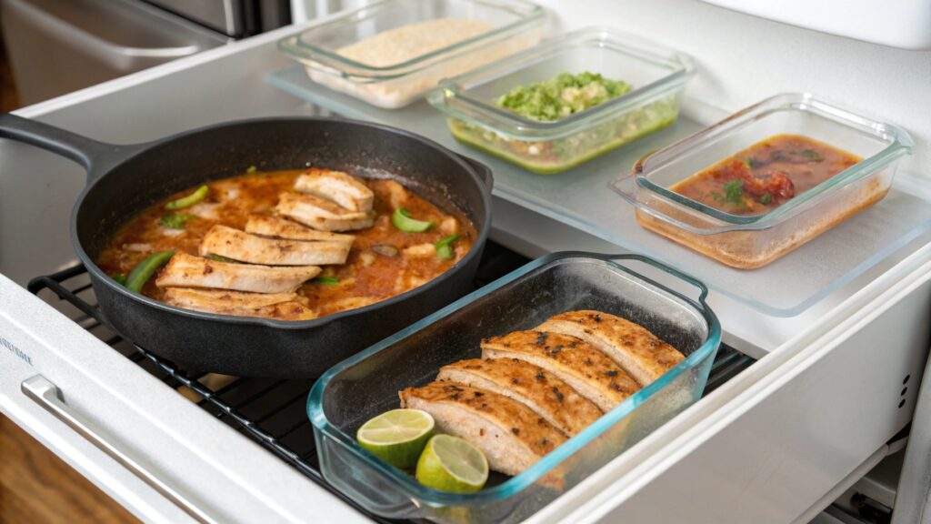 Leftover Cancun chicken stored in containers and reheated in a skillet