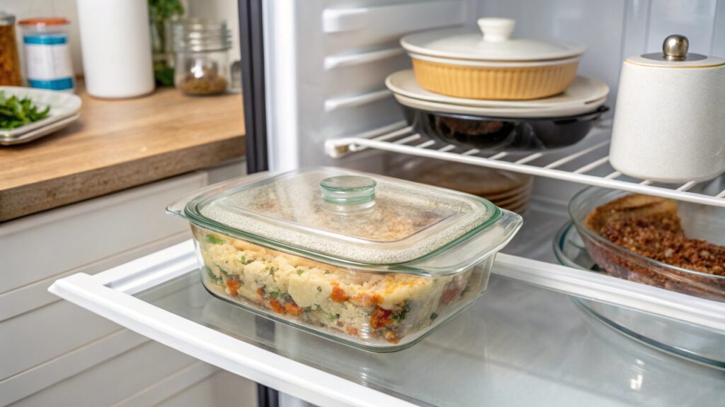 Stored Chicken Hashbrown Casserole in a labeled container inside a fridge.