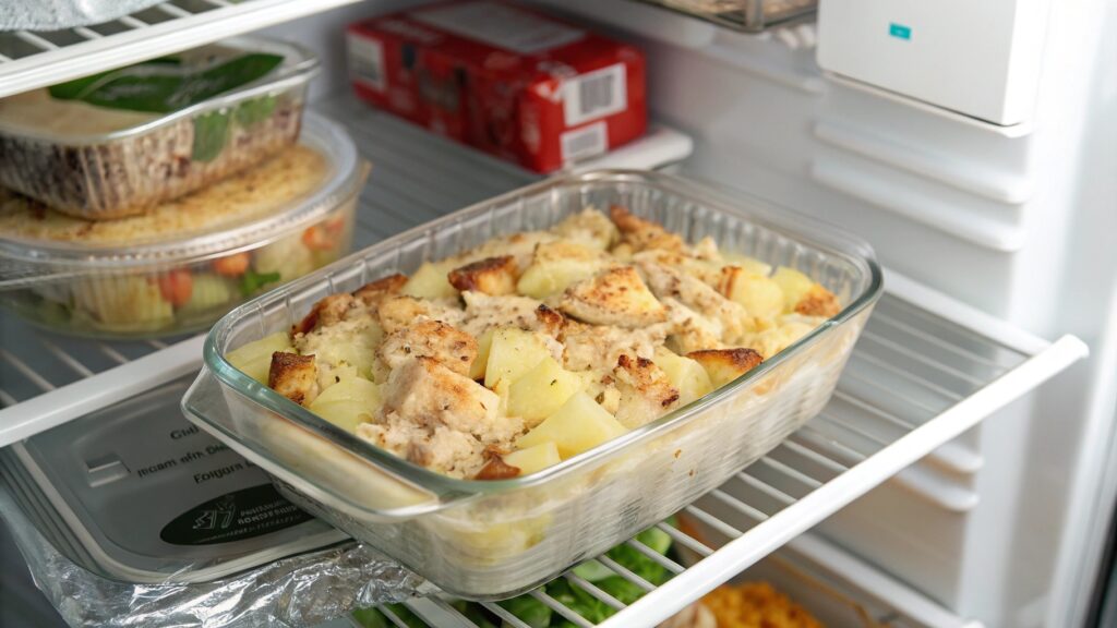 Stored Chicken and Potato Bake leftovers in a container inside a fridge.