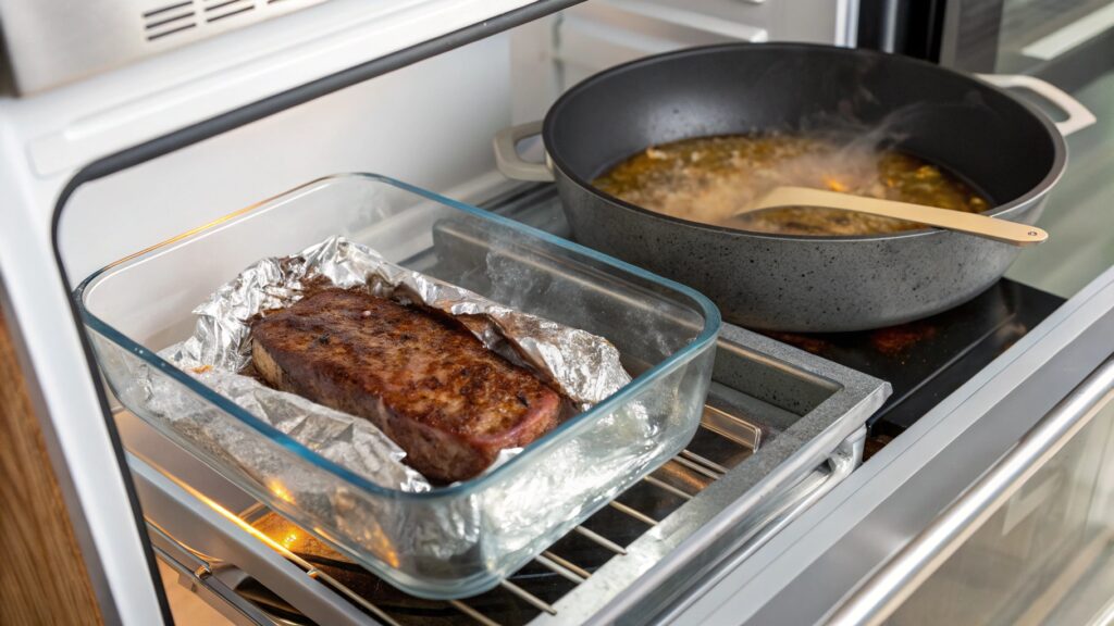 Denver steak leftovers stored in containers and reheated in a skillet with broth