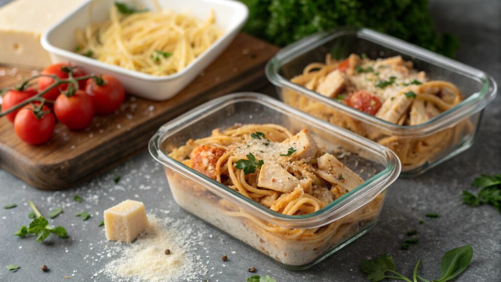 Stored Marry Me Chicken Pasta in containers ready for the fridge.