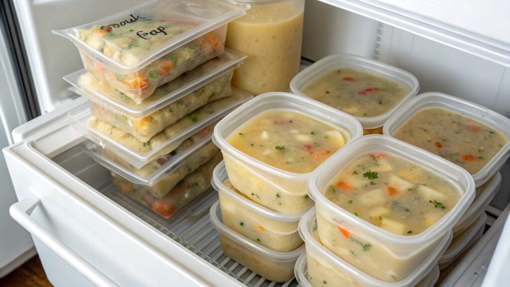 Potato soup leftovers stored in containers in fridge and freezer