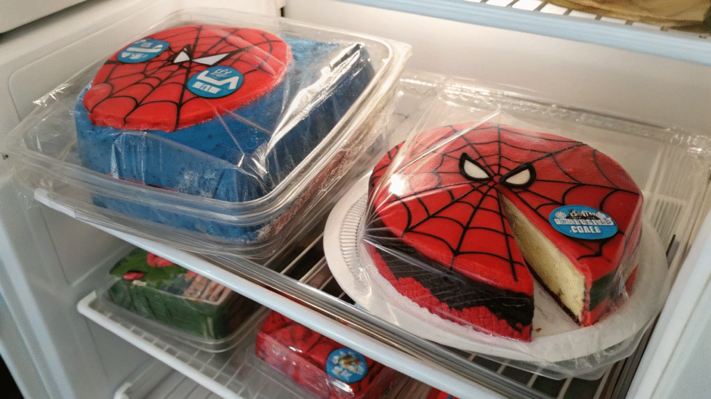 Sliced and whole Spiderman cake stored in containers inside a refrigerator.
