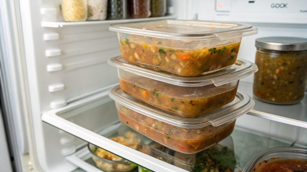 Marry Me Chicken Tortellini Soup stored in containers and reheated in a pot